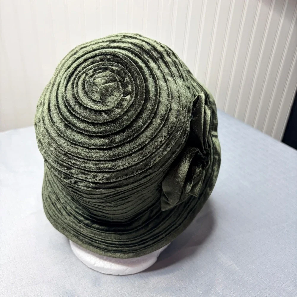 F.C.C Cloche Bucket Hat OSFA Olive Green Crushed Velvet Rosette Flower Accent